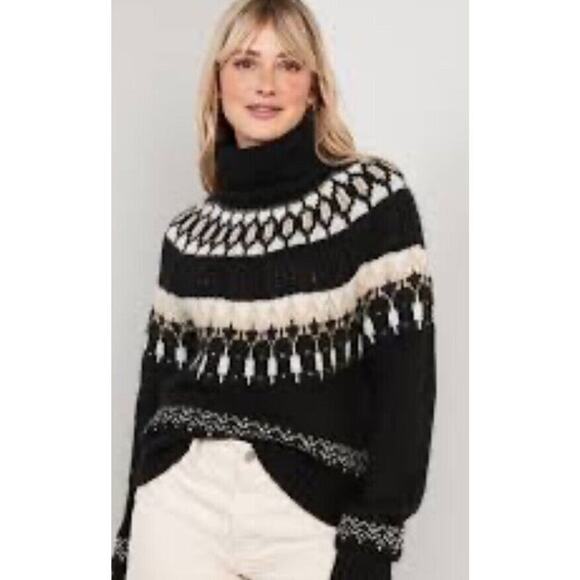 Black Sweaters - Women’s Old Navy Cozy Fair Isle Cable Knit Turtleneck Sweater Large NWT Black